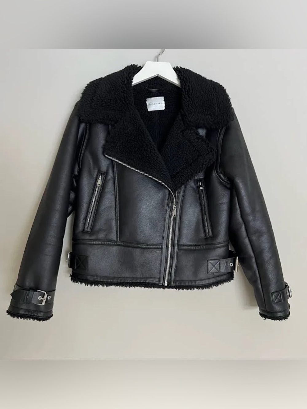 JASON WU 🖤 Cozy Black Vegan Leather & Shearling Moto Jacket Sz Large very Warm